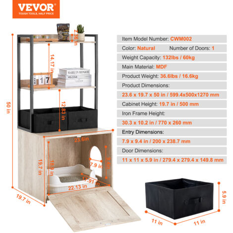 VEVOR Cat Litter Box Enclosure, Hidden Litter Box Furniture with 2 Storage Shelves & 2 Baskets, Wooden Cat Washroom Indoor, Cat House Cabinet Fit Most of Litter Box, 23.6"L x 19.7"W x 50"H, Natural