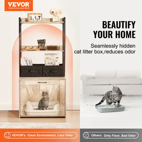 VEVOR Cat Litter Box Enclosure, Hidden Litter Box Furniture with 2 Storage Shelves & 2 Baskets, Wooden Cat Washroom Indoor, Cat House Cabinet Fit Most of Litter Box, 23.6"L x 19.7"W x 50"H, Natural