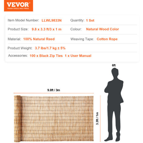 VEVOR Natural Reed Fencing, 3.3 ft x 9.8 ft, Reed Screen Curtain Balcony Reed Fence Roll for Outdoor Backyard Patio, Decorative Fence for Backyard Garden Fencing Divider, Privacy Screen Panel Curtain