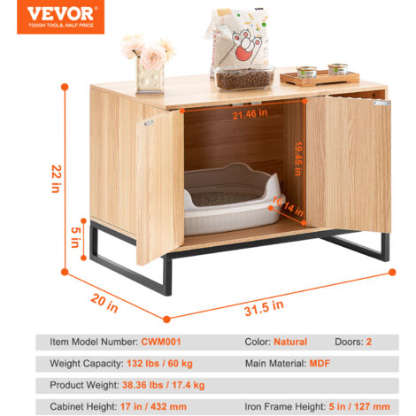 VEVOR Cat Litter Box Enclosure, Hidden Litter Box Furniture, Wooden Cat Washroom Indoor with 2 Doors & Study Metal Legs, Cat House Cabinet Hidden Fit Most of Litter Box, 31.5"L x 20"W x 22"H, Natural
