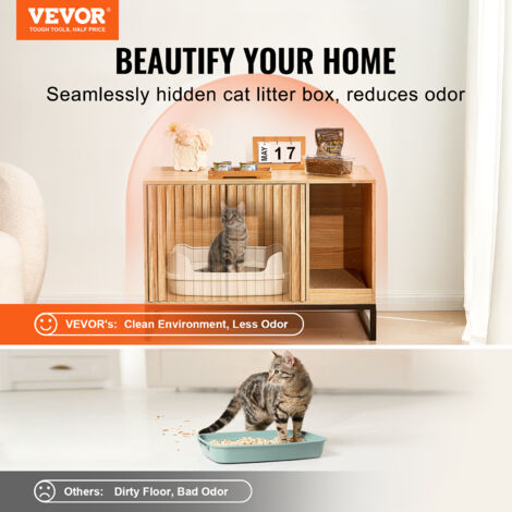 VEVOR Cat Litter Box Enclosure, Hidden Litter Box Furniture, Wooden Cat Washroom Indoor with 2 Doors & Study Metal Legs, Cat House Cabinet Hidden Fit Most of Litter Box, 31.5"L x 20"W x 22"H, Natural
