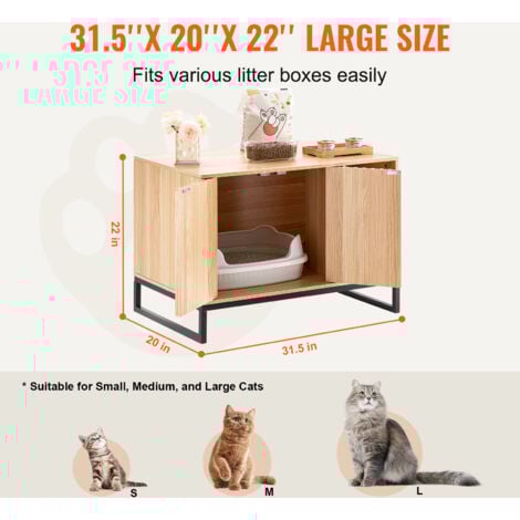 VEVOR Cat Litter Box Enclosure, Hidden Litter Box Furniture, Wooden Cat Washroom Indoor with 2 Doors & Study Metal Legs, Cat House Cabinet Hidden Fit Most of Litter Box, 31.5"L x 20"W x 22"H, Natural