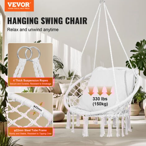 VEVOR Hanging Hammock Swing Chair 330 lbs Capacity Macrame Hanging Chair with Cushion and Mounting Hardware Cotton Rope Swing Chair for Bedroom