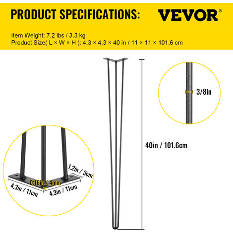 VEVOR Hairpin Table Legs 40 inch Black Set of 4 Desk Legs Each 220lbs Capacity Hairpin Desk Legs 3 Rods for Bench Desk Dining End Table Chairs Carbon Steel DIY Table Legs Heavy Duty Furniture Legs