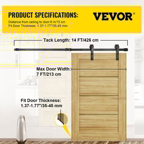VEVOR Sliding Barn Door Hardware Kit, 14FT Barn Door Kit, 330LBS Load-Bearing Double Barn Door Hardware Kit, Carbon Steel Barn Door Track, Darn Door for 1.37-1.77" Thickness & 7FT Wide Door Panel