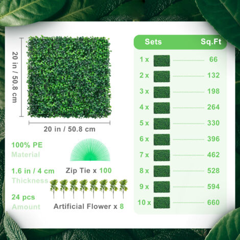 12PCS 20x20inch Artificial Boxwood Panels,Boxwood Hedge Wall Panels,Artificial Grass Backdrop Wall 1.6",Privacy Hedge Screen UV Protected For Outdoor Indoor Garden Fence Backyard