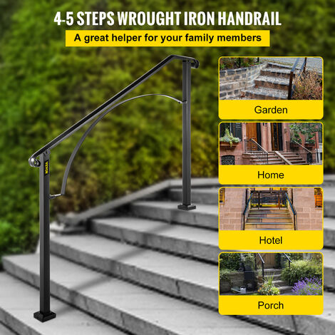 VEVOR Wrought Iron Handrail Fits 4 or 5 Steps Handrail Arch 4 Outdoor or Indoor Handrail Outdoor Stair Railing Matte Black