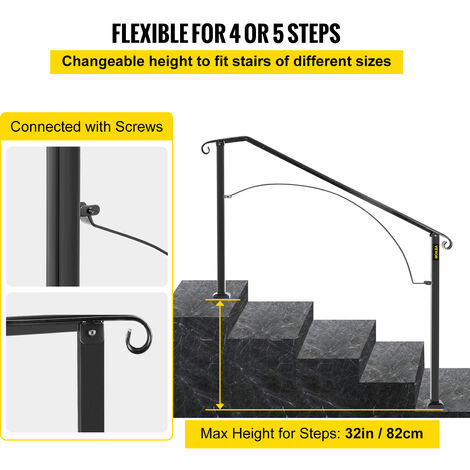 VEVOR Wrought Iron Handrail Fits 4 or 5 Steps Handrail Arch 4 Outdoor or Indoor Handrail Outdoor Stair Railing Matte Black