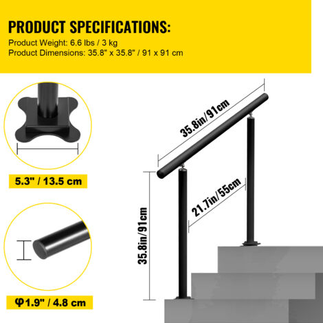 13.3ft Aluminum Stair Handrail - 1.5" Diameter Pipe Railing For Indoor & Outdoor Stairs, 440lb Capacity
