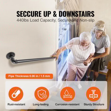 Mophorn 3FT Pipe Stair Handrail, 440LBS Capacity Carbon Steel, Industrial Wall-Mount Support, Round Corner for Indoor & Outdoor