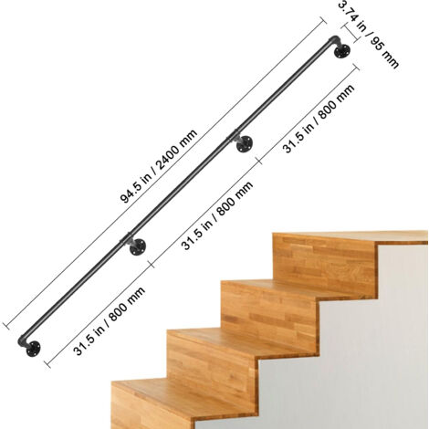 Mophorn 8FT Staircase Handrail, 440LBS Load Capacity, Carbon Steel Pipe Handrail with Wall Mount Support, Round Corner, Indoor/Outdoor