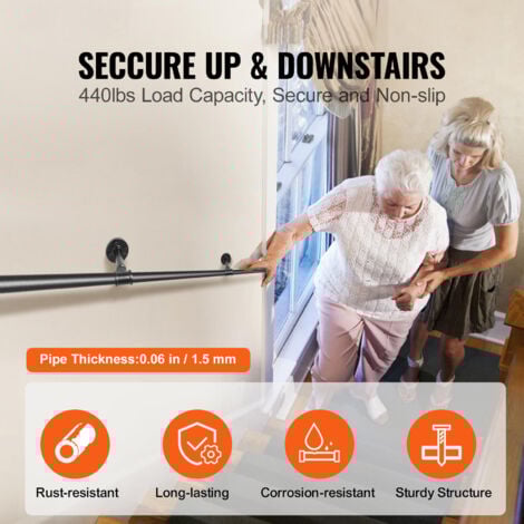 Mophorn 8FT Staircase Handrail, 440LBS Load Capacity, Carbon Steel Pipe Handrail with Wall Mount Support, Round Corner, Indoor/Outdoor
