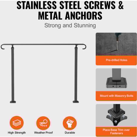 Mophorn Wrought Iron Handrail  Fits 2-3 Steps  Adjustable Outdoor Stair Railing  Front Porch Hand Rail  Black  Hand Railings for Concrete or Wooden Stairs  Installation Kit Included