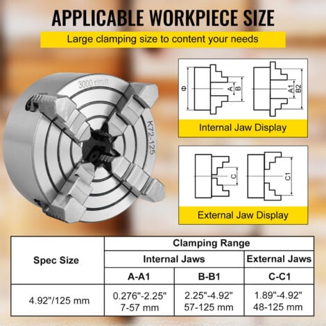 VEVOR K72-125 5 Inch Lathe Chuck Independent Reversible Jaw 125MM