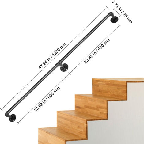 Mophorn 4FT Pipe Stair Handrail, 440LBS Capacity Carbon Steel, Industrial Wall-Mount, Round Corner for Indoor & Outdoor