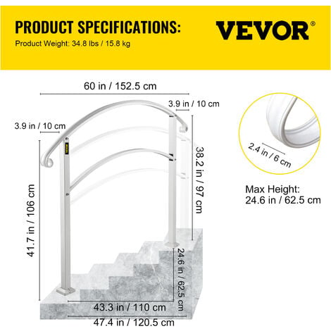 VEVOR 5FT Adjustable Handrail Fits for 4 or 5 Steps Matte White Stair ...