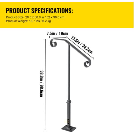 Mophorn Dark Gray Single Post Handrail for 1 or 2 Steps Wrought Iron Rail Stairs Outdoors