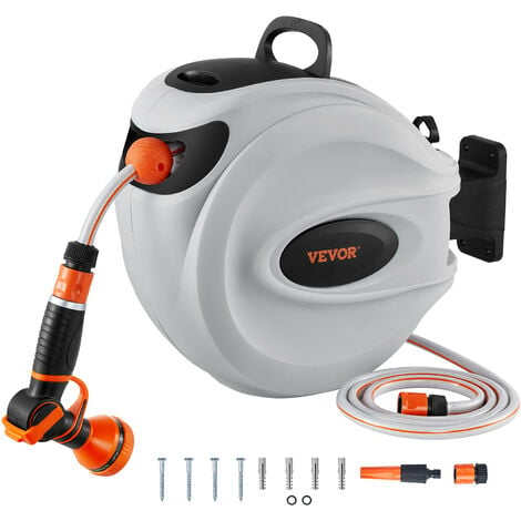 VEVOR Retractable Hose Reel, 82 ft x 1/2 inch, 180° Swivel Bracket  Wall-Mounted, Garden Water Hose Reel with 9-Pattern Nozzle and 3 Fast  Adaptors, Automatic Rewind, Lock at Any Length