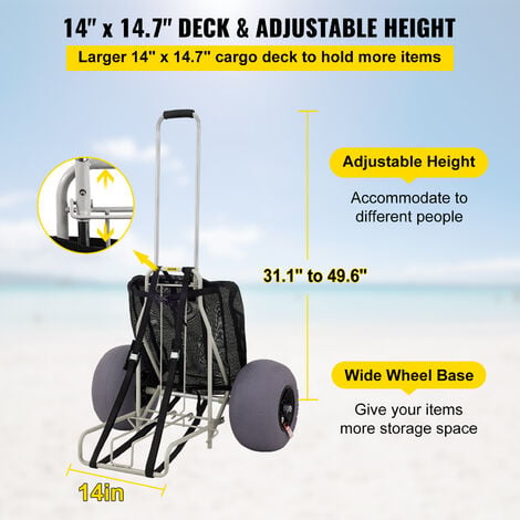 VEVOR Beach Carts for Sand, 14 x 14.7 Cargo Deck, w/ 13 TPU Balloon  Wheels, 165LBS Loading Capacity Folding Sand Cart & 29.5 to 49.2  Adjustable Height, Heavy Duty Cart for Picnic