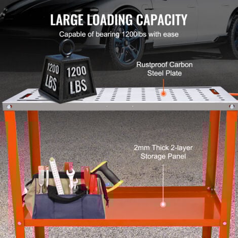 Mophorn 36" x 18" Steel Welding Table, 1200lbs Capacity Portable Workbench with Lockable Casters, 4 Tool Slots, 5/8" Fixture Holes, Tool Tray