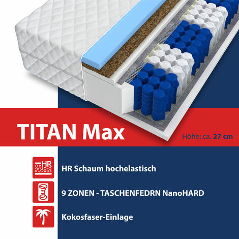 Matratze TITAN MAX 9 Zonen 180x200 Premium Hybrid FOAM 27 cm Taschenfederkern KOKOS H2 H3