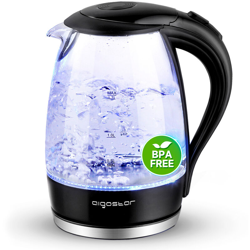 Aigostar Wasserkocher Glas 1,7 Liter, 2200 Watt, LED-Beleuchtung, 100% BPA  Frei, Verdicktes Borosilikatglas Wasserkocher mit Kalkfilter, 360°  Edelstahl Sockel, Trockenaufschutz, Schwarz