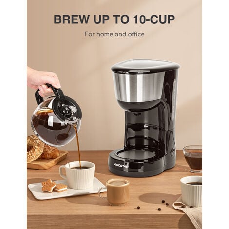 Aigostar Kaffeemaschine Edelstahl, 1000watt Filterkaffeemaschine Glaskanne  bis 10 Tassen, 1,25l, Warmhalteplatte, Abschaltautomatik, Tropf-Stopp,  schwarz