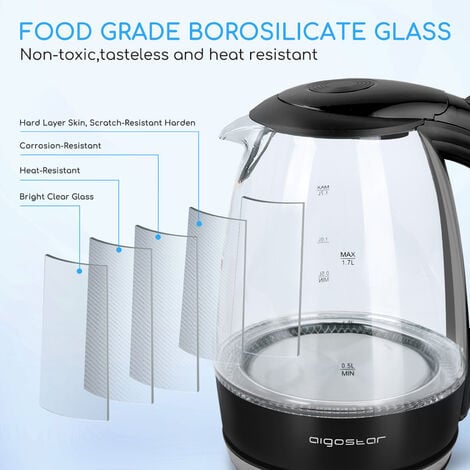 Aigostar Wasserkocher Glas 1,7 Liter, 2200 Watt, LED-Beleuchtung, 100% BPA  Frei, Verdicktes Borosilikatglas