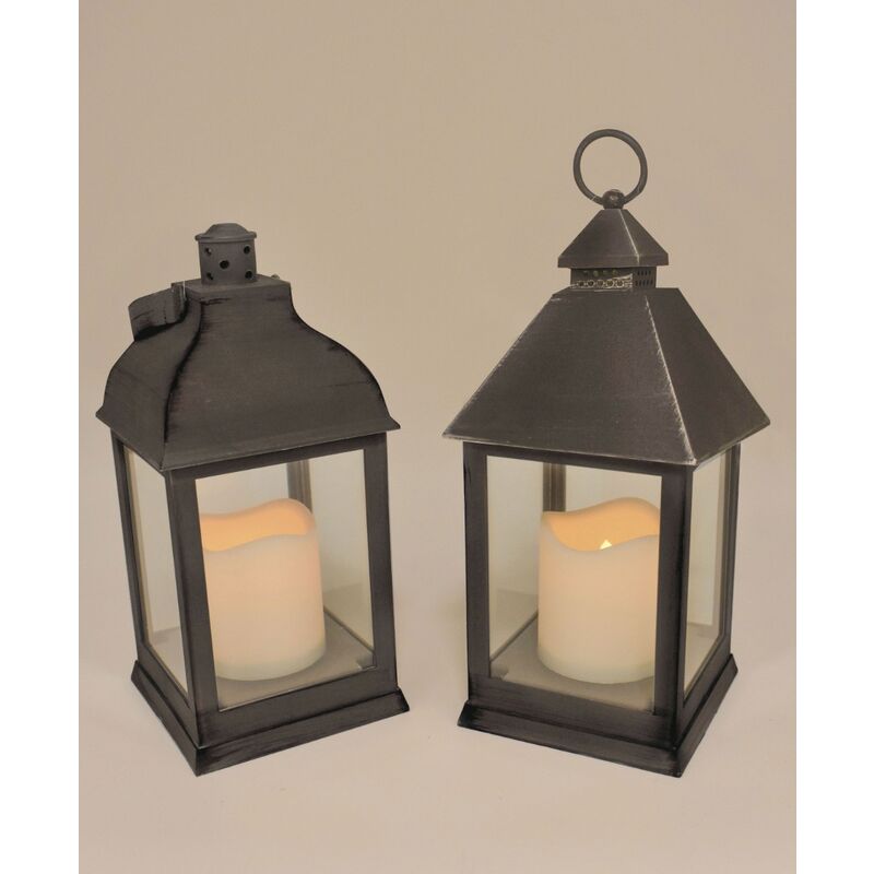 Lanterne avec bougie Led intégré 2 coloris assortis:Noir/gris