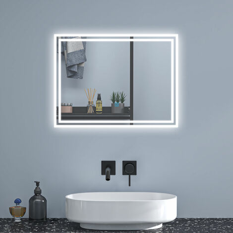 Bathroom Mirror with LED Lights,Shaver Socket and 2 USB Ports Anti Fog Dimmable 3 Colour Touch Vertical Horizontal,700x500mm Type A