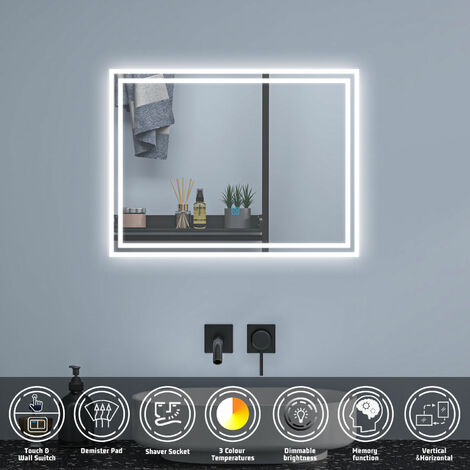 Bathroom Mirror with LED Lights,Shaver Socket and 2 USB Ports Anti Fog Dimmable 3 Colour Touch Vertical Horizontal,700x500mm Type A