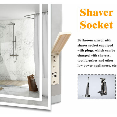 Bathroom Mirror with LED Lights,Shaver Socket and 2 USB Ports Anti Fog Dimmable 3 Colour Touch Vertical Horizontal,700x500mm Type A