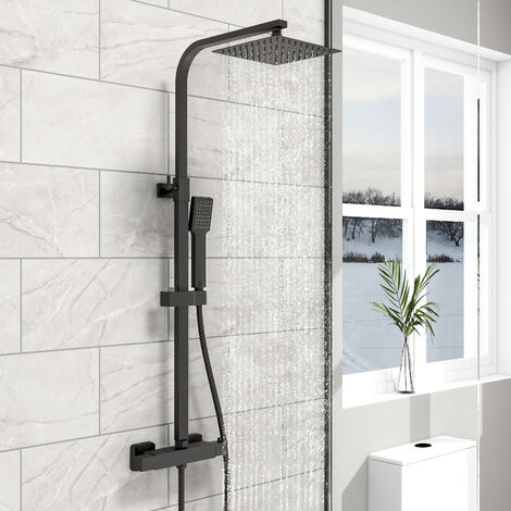 SKY Bathroom Square Dual Head Matte Black Thermostatic Twin Head Rainfall Shower Set (1/5)