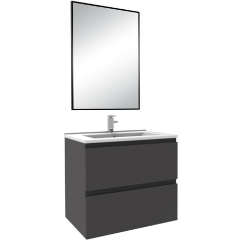 610mm Bathroom Cabinet Set Grey Vanity Unit with Basin 2 Drawers + Black Framed Rectangular Mirror