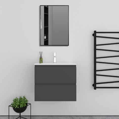 610mm Bathroom Cabinet Set Grey Vanity Unit with Basin 2 Drawers + Black Framed Rectangular Mirror