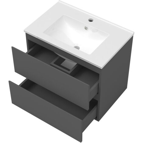 610mm Bathroom Cabinet Set Grey Vanity Unit with Basin 2 Drawers + Black Framed Rectangular Mirror