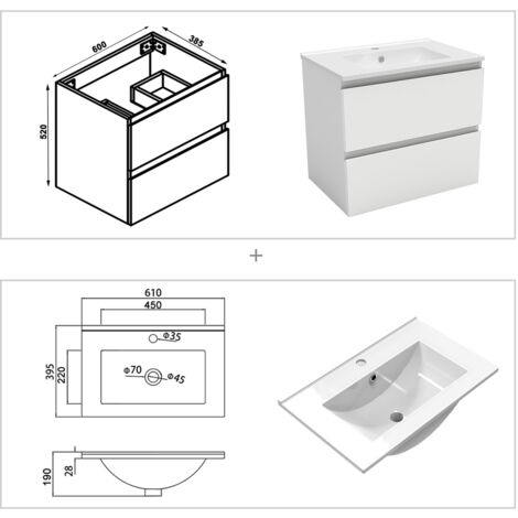 610mm Bathroom Cabinet Set Grey Vanity Unit with Basin 2 Drawers + Black Framed Rectangular Mirror