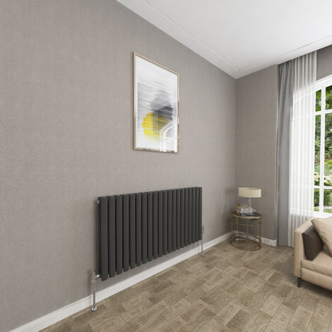 SKY Bathroom 600x1180mm Black Double Oval Column Radiator Horizontal Central Heating Rad