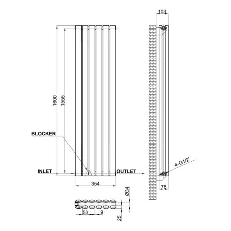 SKY Bathroom Oval Column Radiator Vertical 1600x354mm Double Anthracite