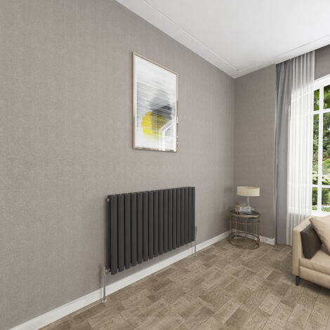 SKY Bathroom 600x1003mm Black Double Oval Column Radiator Horizontal Central Heating Rad (1/5)