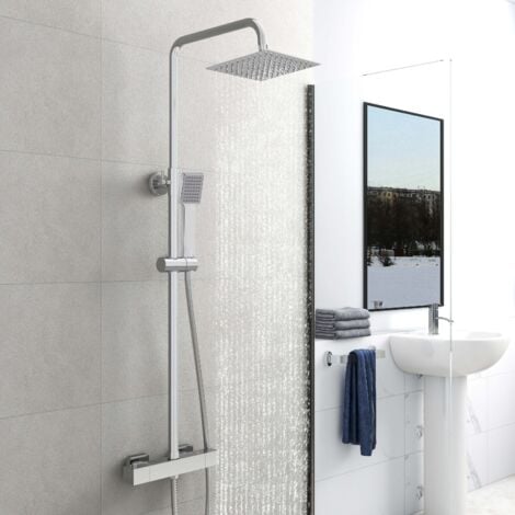 SKY Bathroom Chrome Exposed Twin Head Mixer Shower and Thermostatic Square Bar Set