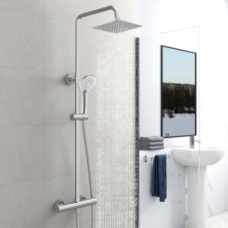 SKY Bathroom Mixer Shower Chrome Twin Head Thermostatic Round Bar Set (1/5)