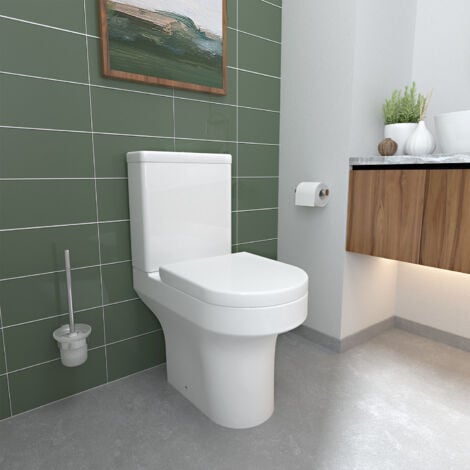 Bathroom Ceramic White Rimless Round Close Coupled Toilet Soft Close Seat WC Pan