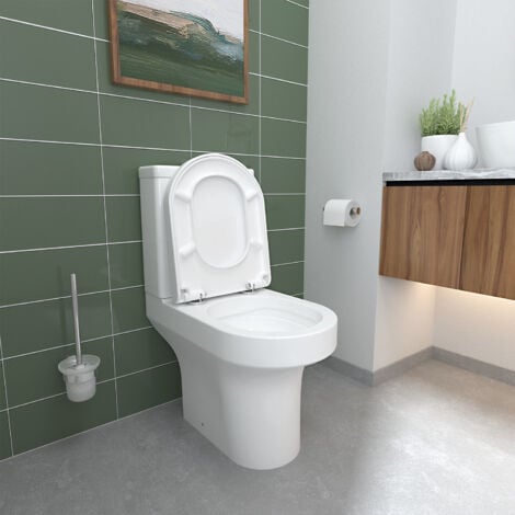 Bathroom Ceramic White Rimless Round Close Coupled Toilet Soft Close Seat WC Pan