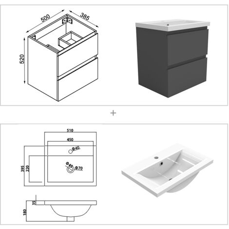 510mm Matt Grey Wall Hung Bathroom Vanity Unit with Basin + LED Mirror A (Dimmable 3 Colour)