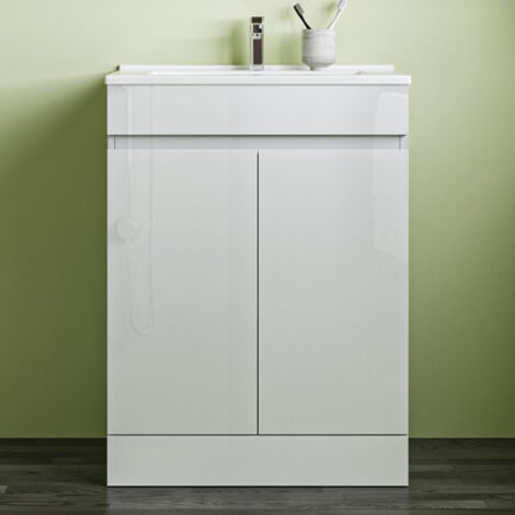 800600mm Bathroom White Vanity Unit With Storage Space Soft Close Doors Thin Ceramic Basin