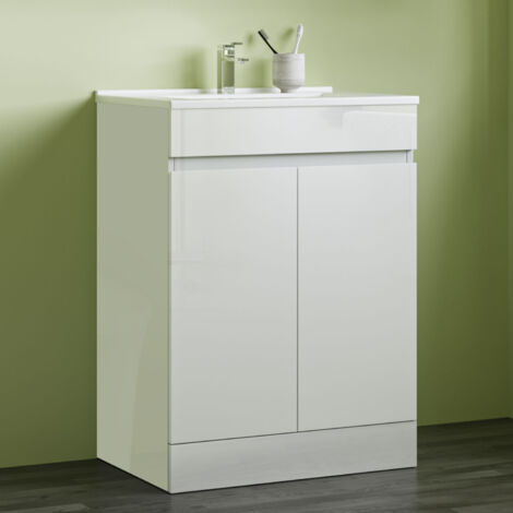 800600mm Bathroom White Vanity Unit With Storage Space Soft Close Doors Thin Ceramic Basin