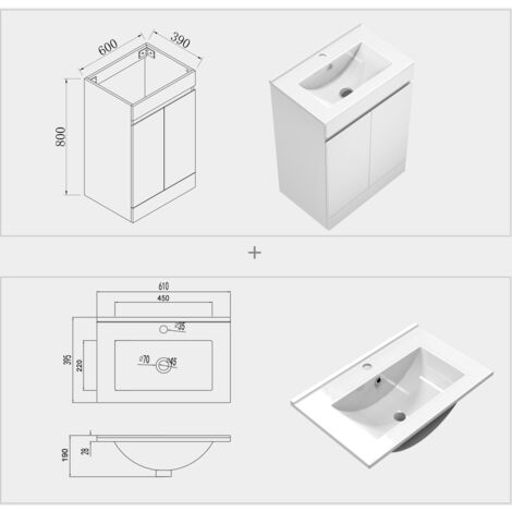 800600mm Bathroom White Vanity Unit With Storage Space Soft Close Doors Thin Ceramic Basin