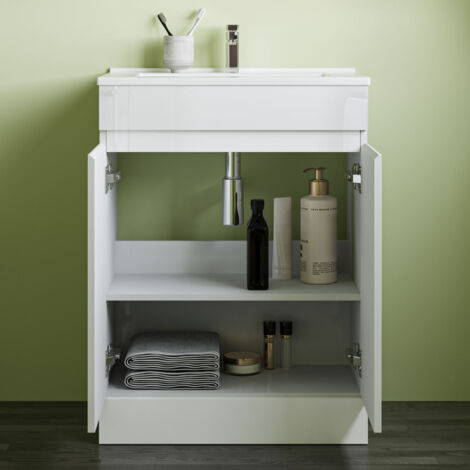 800600mm Bathroom White Vanity Unit With Storage Space Soft Close Doors Thin Ceramic Basin