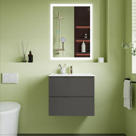 600x520mm Anthracite Wall-mounted Vanity Unit With Soft Close DrawersStorage SpaceWhite Ceramic Basin (1/5)